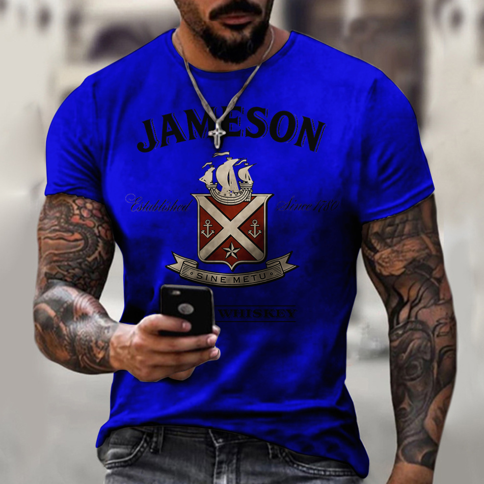 3D digital T-shirt printed with James Irish whiskey for men's casual sports 3D short sleeves (dark blue short sleeves)