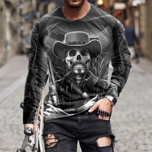 Men's Fashion 3D Printing Street Trend Round Neck Long Sleeve T-shirt(Skull)