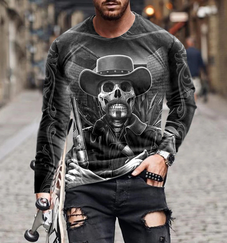 Men's Fashion 3D Printing Street Trend Round Neck Long Sleeve T-shirt(Skull)