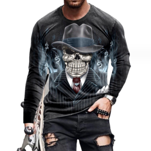 Men's T-shirt Fashion 3D Printing Street Trend Round Neck Long Sleeve (Gentleman Skull)