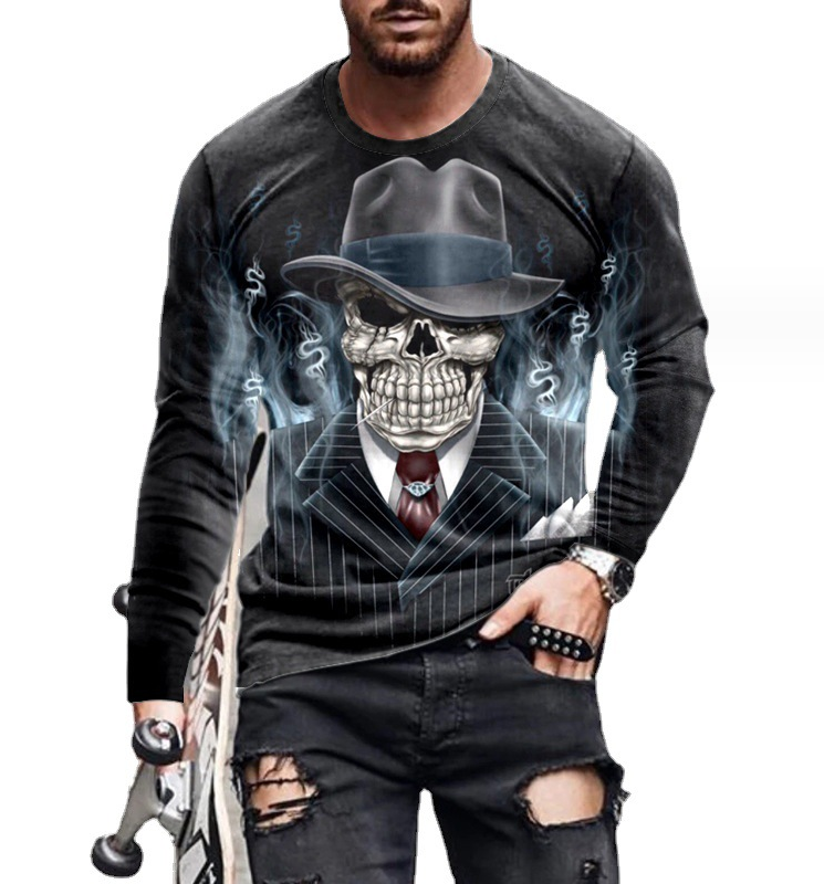 Men's T-shirt Fashion 3D Printing Street Trend Round Neck Long Sleeve (Gentleman Skull)