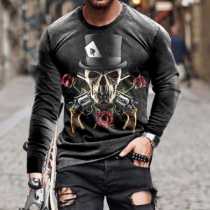 Men's T-shirt Fashion 3D Printing Street Trend Round Neck Long Sleeve (Rose Skull)