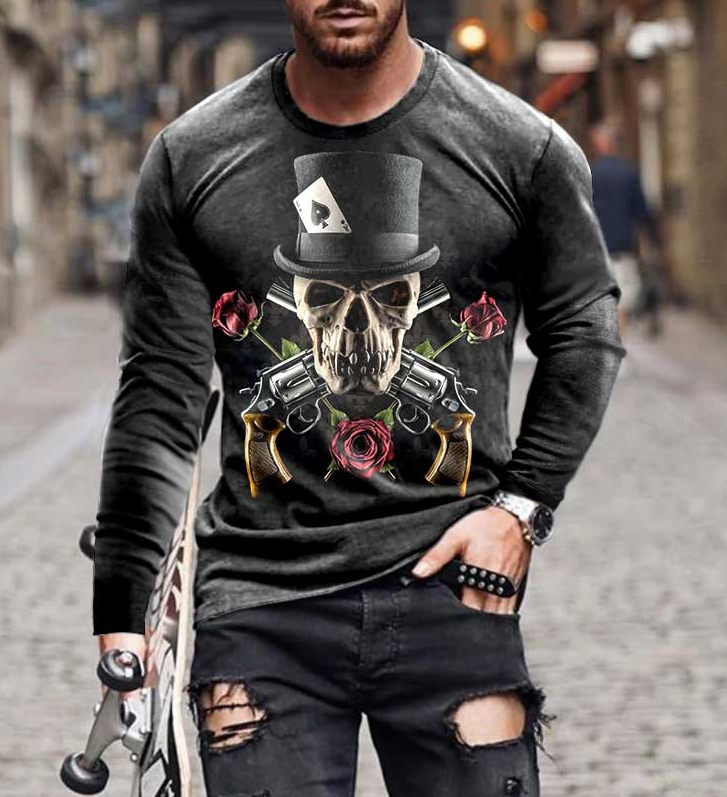 Men's T-shirt Fashion 3D Printing Street Trend Round Neck Long Sleeve (Rose Skull)