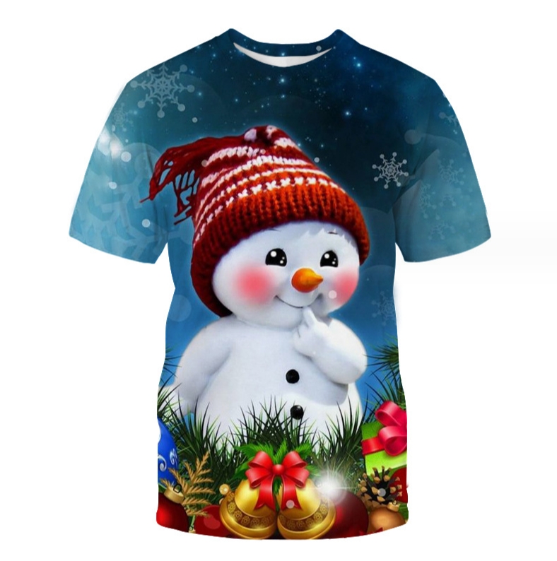 (Blue)Christmas Bear Shirt Round neck Graphic Short Sleeve Unisex Printed Oversized T-shirt