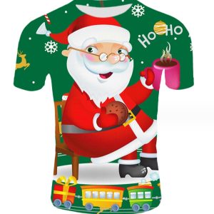 (Green colour)Christmas T-shirts 3d Printing Cartoon Father Christmas Top Tees Oversized