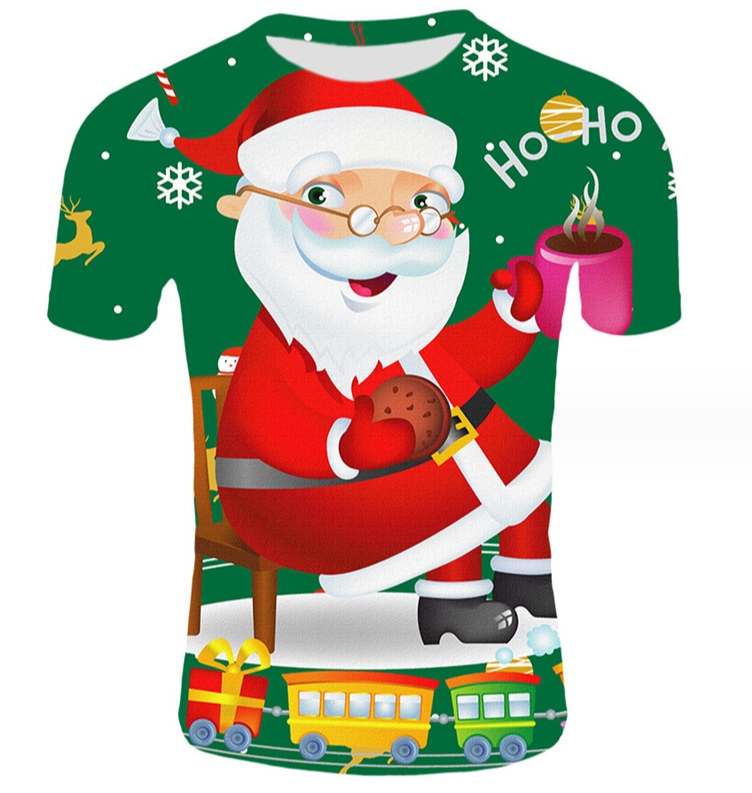 (Green colour)Christmas T-shirts 3d Printing Cartoon Father Christmas Top Tees Oversized