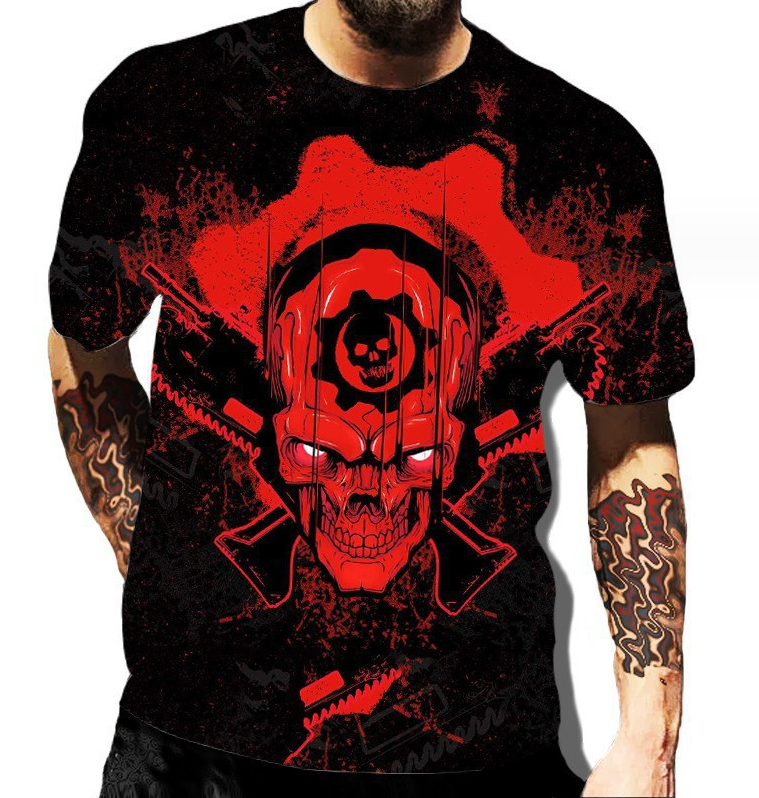 Summer Men Outfits T-shirts 3d Printed Sports Short Sleeve Tops O Neck T Shirt(Red Skull)