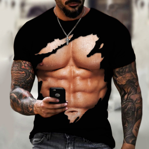 Muscle men's T-shirt abs 3D printing fashion personality short sleeve(Black)