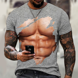 Muscle men's T-shirt abs 3D printing fashion personality short sleeve(Grey)