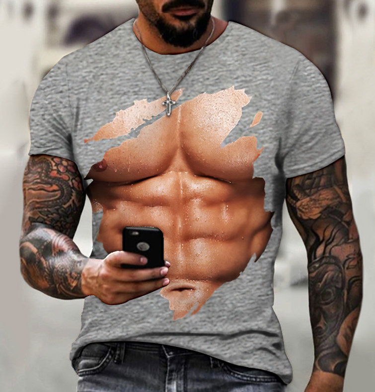 Muscle men's T-shirt abs 3D printing fashion personality short sleeve(Grey)