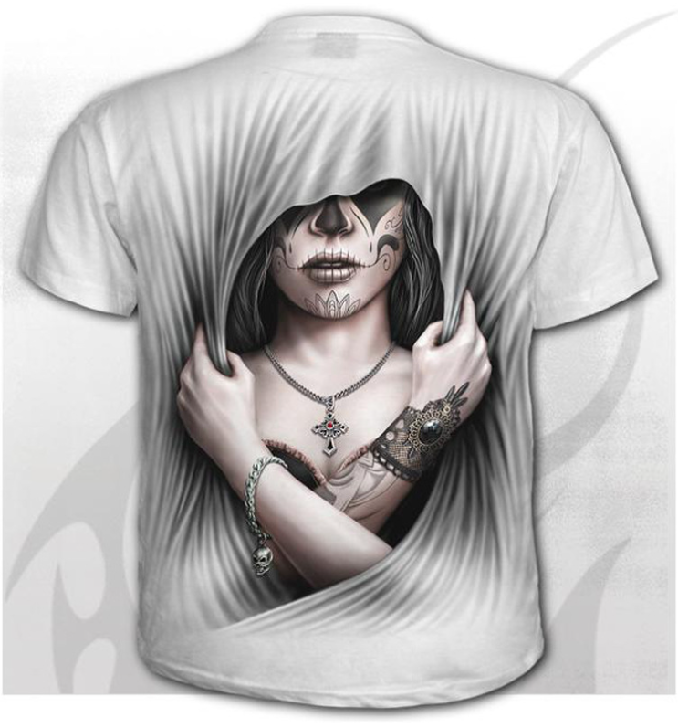 3D Skull T-shirt Men's Casual T-shirt Summer 3D Printing Round Neck Cool Shirt(White Girl)